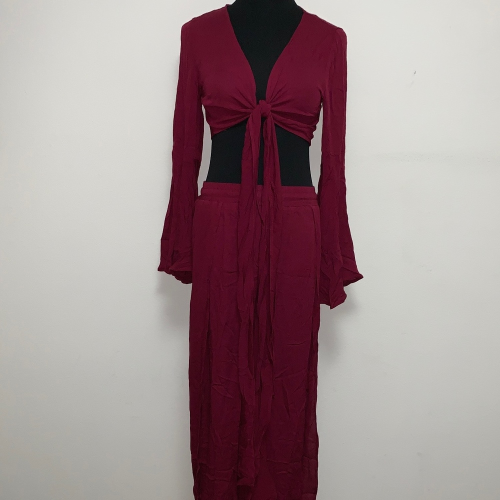 Fun, flowy two piece burgundy pantsuit